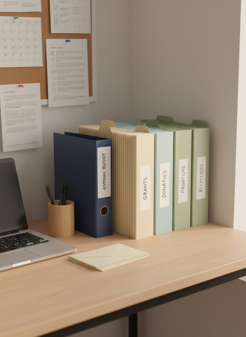 A compact, well-organized corner of a small nonprofit office, photographed in realistic detail. A modest wooden table holds neatly labeled accordion folders for grants, donations, and program expenses, along with a closed navy-blue binder titled “Annual Budget.” Nearby, a laptop rests in sleep mode beside a tidy stack of donation acknowledgment letters and a simple, upright pen holder. Soft afternoon light flows in from the right, creating warm, gentle highlights along the edges of the folders and binder, with faint, calm shadows on the tabletop. The background is subtly blurred but shows a corkboard with pinned financial calendars and checklists. Shot at a slightly elevated angle, the composition feels focused yet approachable, conveying reliability and organization tailored to nonprofits.