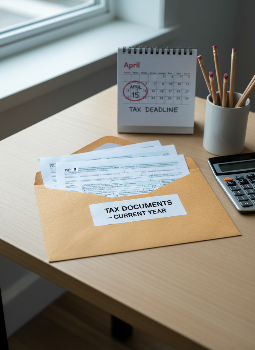 A serene, photographic realistic scene of a year-end tax preparation setup, centered on a smooth light-wood desk. A large, clearly labeled manila envelope marked “Tax Documents – Current Year” lies open, with neatly arranged W-2s, 1099 forms, and expense summaries slightly fanned out. A slim, modern calculator and a cup filled with sharpened pencils sit to one side, beside a calendar page marked with a circled tax deadline date. Soft, cool morning light from a nearby window illuminates the desk, creating clear, legible details and gentle shadows that suggest clarity and calm rather than stress. Composed from a slight overhead angle with shallow depth of field, the focus rests on the envelope and forms, reinforcing a sense of preparedness and professional guidance.
