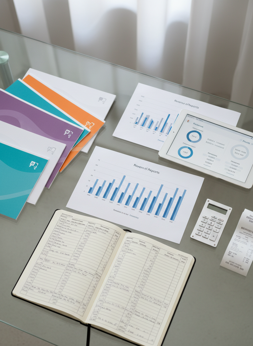 A close-up, photographic realistic overhead view of a neatly arranged financial planning workspace for a small business. A clear glass surface holds color-coded financial reports, printed charts with clean blue and gray bar graphs, and an open ledger book with meticulously written entries. A sleek tablet shows a tidy dashboard of key performance indicators, while a minimalist calculator and a small stack of business receipts sit nearby. Diffused daylight from above and to the side creates soft, even lighting with minimal shadows, highlighting the clarity of the numbers and documents. The composition is balanced using the rule of thirds, with documents leading the eye across the frame, creating a professional, clear, and reassuring mood emphasizing understanding the numbers at a glance.