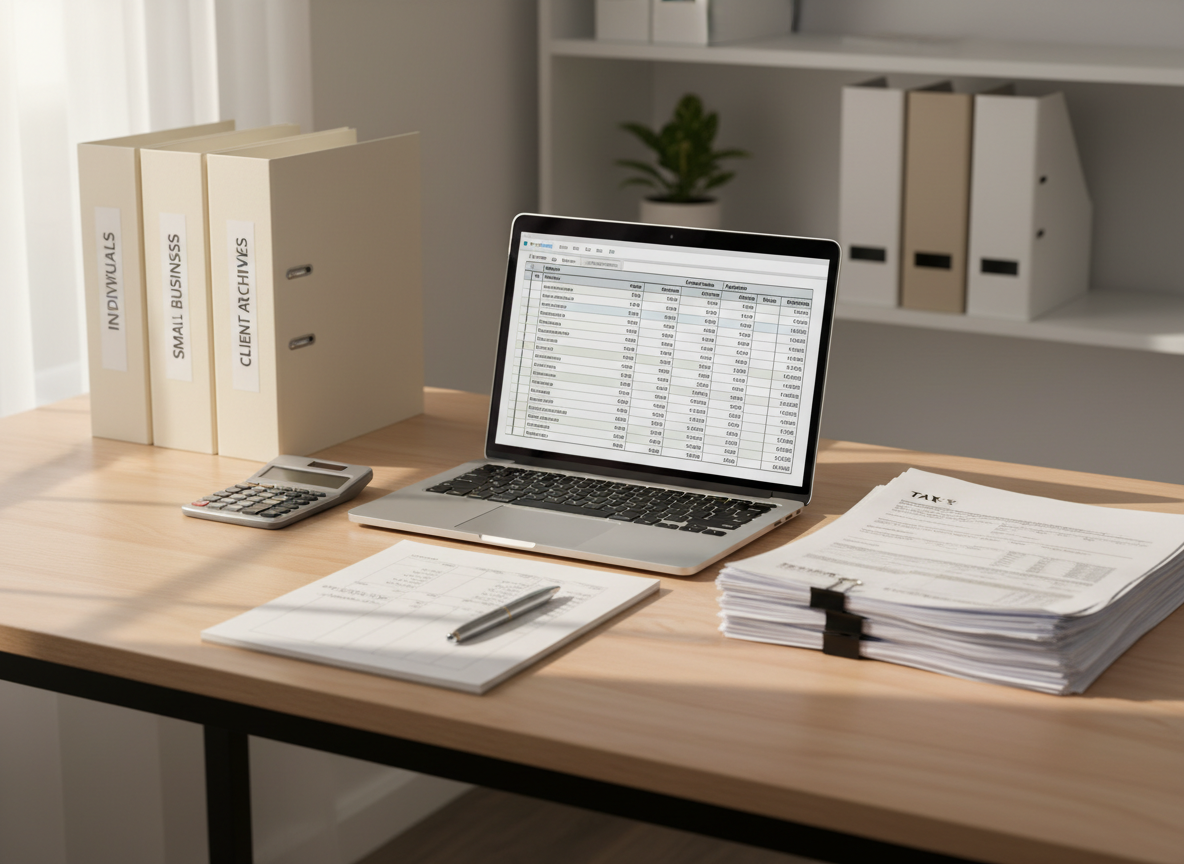 A neatly organized wooden desk in a modern home office, covered with neatly stacked tax documents, a silver laptop displaying a clean spreadsheet, and a tidy row of labeled folders for individuals and small businesses. A simple calculator rests beside a smooth metal pen atop a crisp, white notepad filled with precise handwritten figures. Soft natural daylight streams through an unseen window from the left, casting gentle, professional shadows and subtle reflections on the laptop’s brushed aluminum surface. The background shows minimalist shelving with a few closed binders and a small plant, softly blurred. Photographic realism, eye-level composition with a slight angle, sharp focus on the workspace, bokeh in the background, creating a calm, organized, and trustworthy atmosphere suitable for a CPA service homepage.